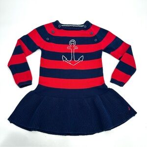 NAUTICA Sweater Dress Girls 5 Red Blue Striped L/S Knit Anchor Nautical READ